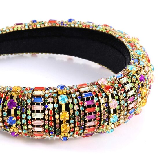Beaded Multicolor Rainbow Rhinestone Cz Padded Hair Headband 6.5*6.5*1.5inch main image 7